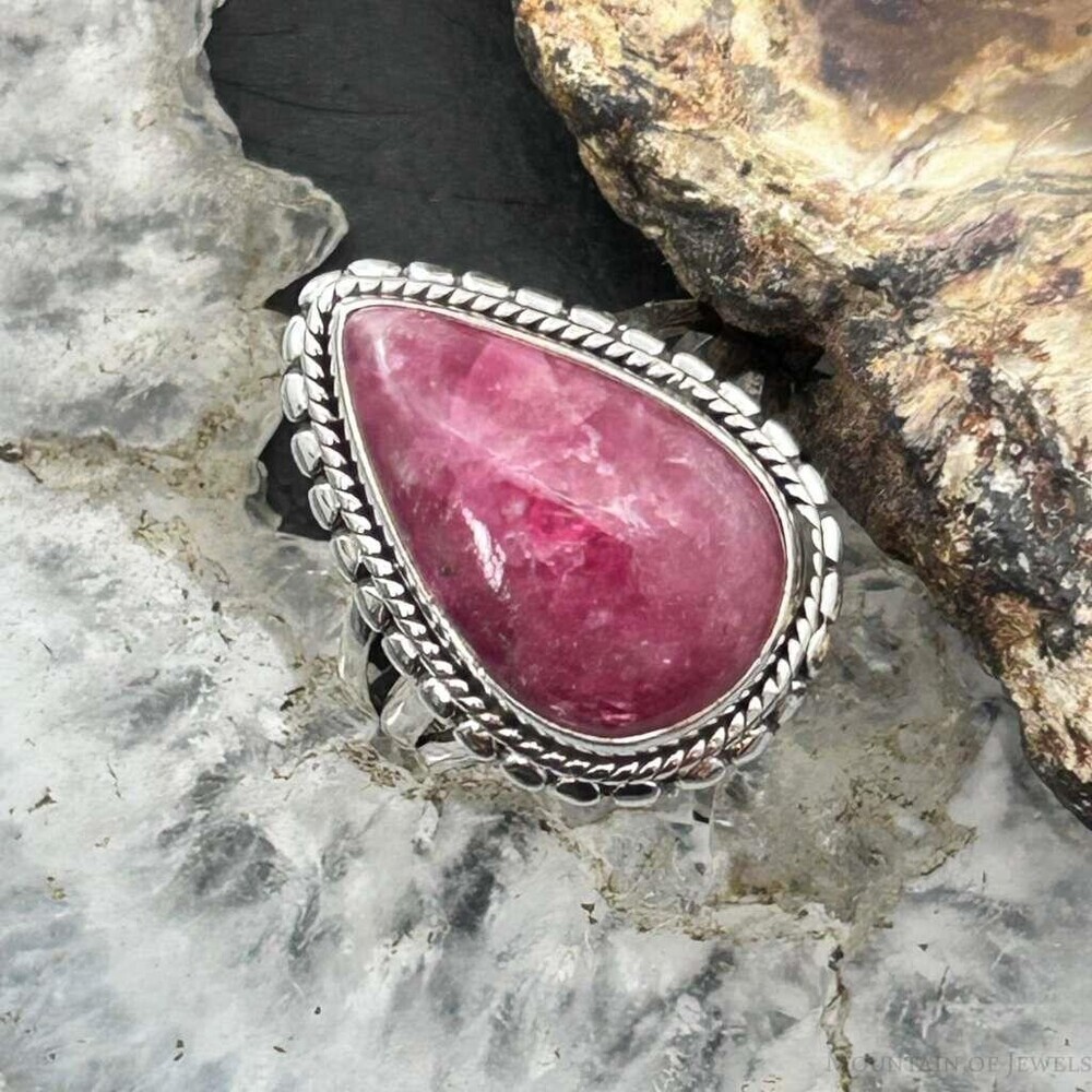 Sterling Southwestern Style Teardrop Thulite Decorated Ring Size 7 For Women